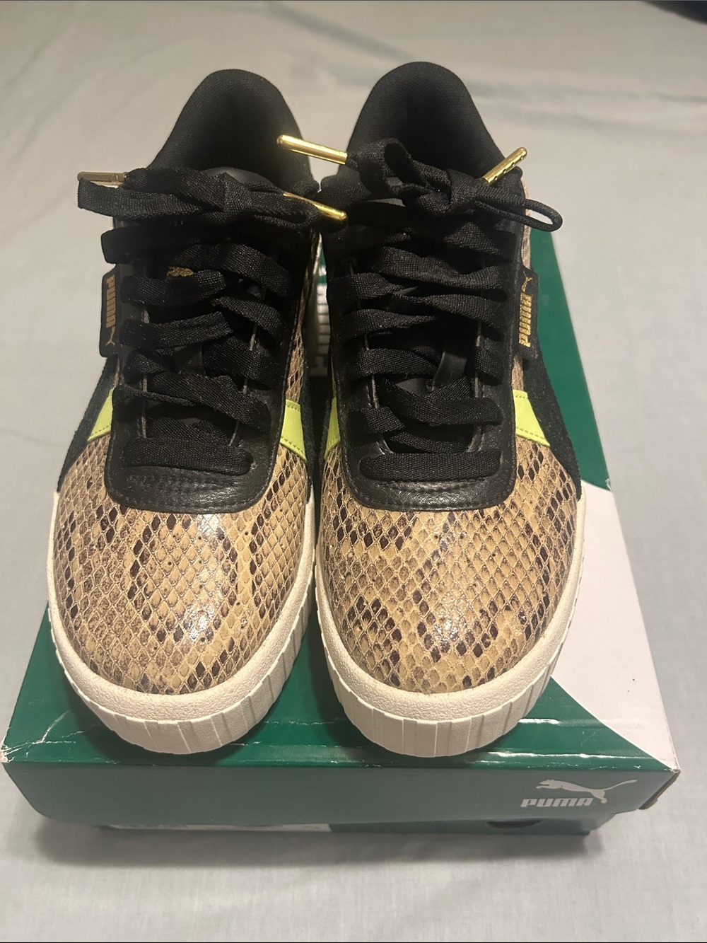 Puma Black & Tan Snake-Print Low-Top Sneakers with Lime Accent